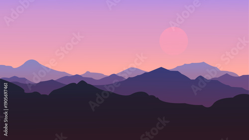 Majestic mountain range at sunset with vibrant purple and pink sky, serene landscape, scenic nature view, golden hour lighting