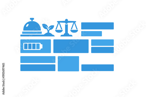 A blue infographic layout featuring icons for a service bell, a growing plant, scales of justice, and a battery, arranged with rectangular placeholders on a black background.