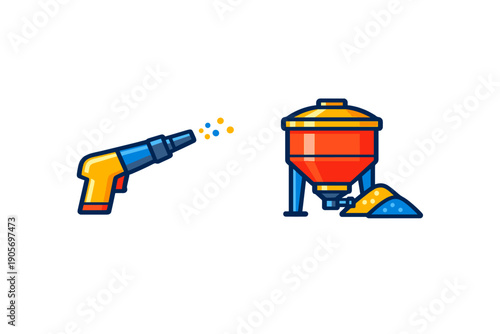 This flat vector illustration shows a blue and yellow spray gun alongside an industrial hopper and piles of granular material, set against a solid dark background.