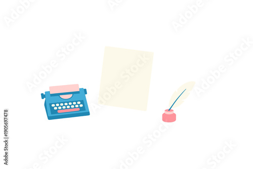 A flat illustration featuring a blue vintage typewriter, a blank white paper, and a quill pen in an inkwell on a black background. It represents writing, literature, and creativity.
