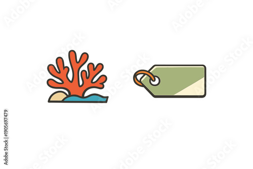 This graphic illustration displays a vibrant orange coral formation in blue water beside a green price tag, presented as flat icons on a plain black background for a clean design.