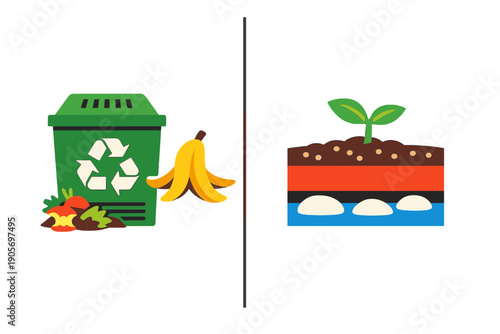 This graphic depicts organic waste recycling with a green compost bin and food scraps on the left, and a cross-section of layered soil with a growing sprout on the right.
