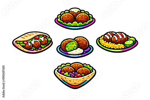 A collection of five vibrant cartoon stickers featuring falafel dishes, including pita wraps, plates with rice, and individual balls with sauce, set against a black background.