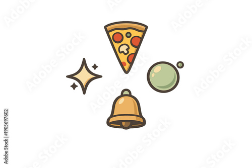 A collection of four stylized vector icons including a pepperoni pizza slice, a golden bell, a sparkling star, and a green bubble, all arranged on a solid black background.