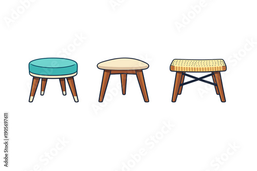 Three mid-century modern style stools are shown in a flat illustration style against a black background. They feature wooden legs and various seat designs like teal fabric and woven cane.