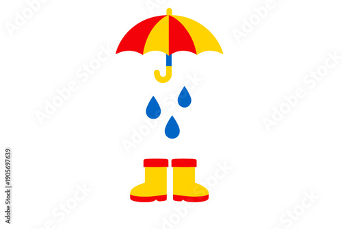 A minimalist illustration featuring a red and yellow umbrella, three blue raindrops, and a pair of yellow rain boots with red soles, all set against a solid black background.
