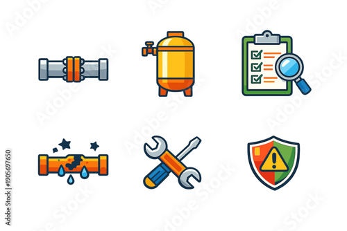 A set of six flat vector icons representing plumbing and maintenance services, including a water tank, leaking pipe, tools, checklist, safety shield, and pipe coupling on a black background.