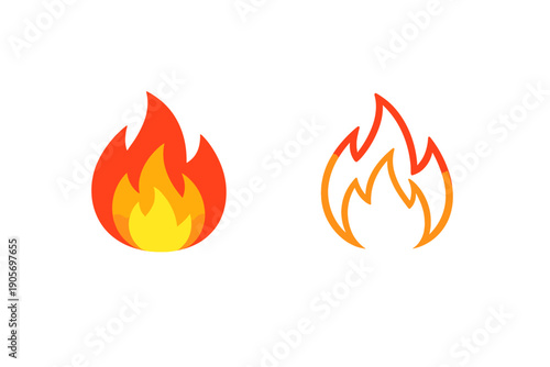 Two stylized fire flame icons are displayed on a solid black background. One icon is a solid gradient fill, while the other is a thin outline with a matching orange gradient.