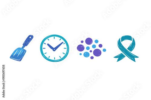 A set of four stylized icons in shades of blue and purple is displayed against a black backdrop, including a spatula, a clock, a group of dots, and a ribbon.