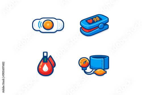 This set of four medical illustrations features a pulse oximeter, a blood pressure cuff, a blood drop with a test strip, and a wearable sensor patch on a solid black background.