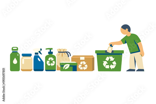 A flat illustration of a person placing a small bottle into a green recycling bin next to various household containers like jars, boxes, and spray bottles on a black background.