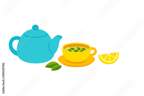 A blue teapot stands next to a yellow teacup filled with green tea and leaves on a saucer. A lemon slice and two green leaves are placed on the side against a black background.