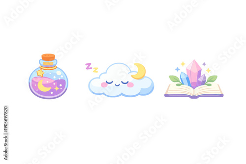 Three whimsical illustrations featuring a magical potion bottle with a moon, a sleeping cloud with a crescent moon, and an open book with glowing crystals and leaves on a black background.