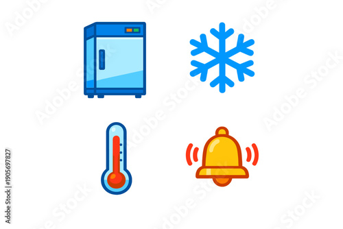 This collection of four vector icons includes a blue freezer unit, a blue snowflake symbol, a red thermometer, and a yellow ringing bell, all set against a solid black background.