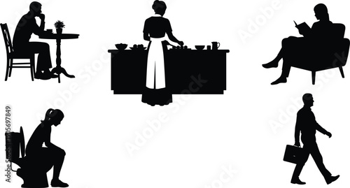 Daily life people silhouettes set showing sitting reading working walking isolated black vector illustration icons for lifestyle concept design collection