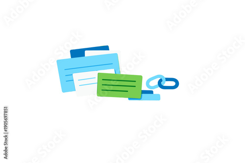 A 3D digital illustration showing a stack of blue, green, and white information cards next to a blue chain link symbol, set against a dark black background.