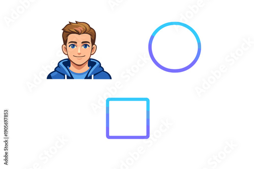 A digital illustration of a smiling young man with brown hair and blue eyes wearing a blue hoodie, positioned next to glowing neon geometric shapes on a dark background with glitch effects.