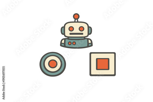A minimalist illustration featuring a retro-style robot character positioned above a circular target icon and a square button icon, all set against a solid black background.