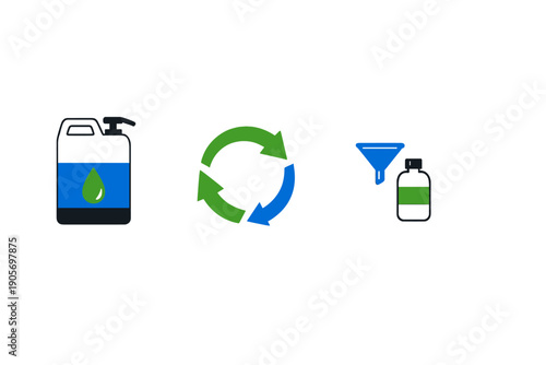 Three icons on a black background depicting a liquid refill process from a large jug to a small bottle, featuring a circular arrow symbol for recycling and sustainability.