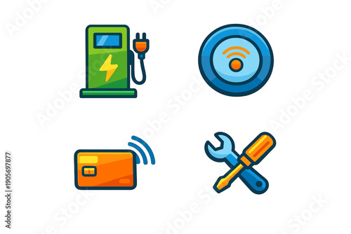 A set of four colorful icons featuring an electric vehicle charging station, a wireless signal button, a contactless payment card, and crossed repair tools on a black background.