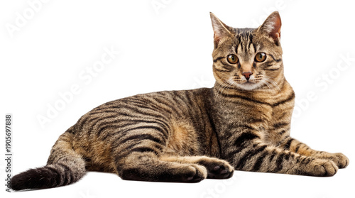 Fotografía Detailed Studio Photo of Striking Tabby Cat Lying Down with Golden Eyes Looking