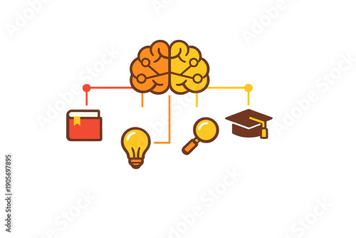 A flat vector illustration features a human brain connected to icons representing education and research, including a book, lightbulb, magnifying glass, and graduation cap on black.