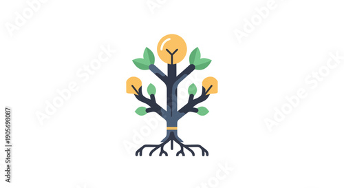 Illustration of a dark‑blue tree with branches, leaves, roots, and yellow fruit on a white backdrop, seen from a frontal viewpoint