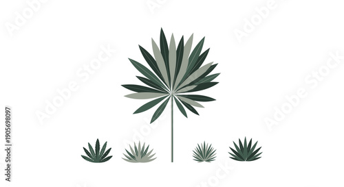 Centered palm tree illustration with symmetry green plants in a minimalist white studio view, highlighting harmony and balance