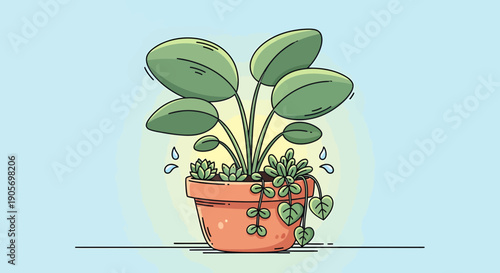 A Sad and Drooping Houseplant in a Terracotta Pot, Showing Signs of Underwatering or Neglect in a Simple Flat Design