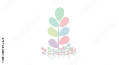 Front-view illustration of a pastel plant featuring a slender stem, gradient teardrop leaves, and delicate flowers on a clean white background