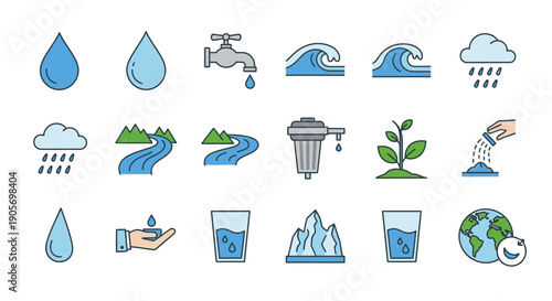 Water Conservation Icons Set for Environmental Awareness.