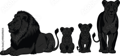 Black lion family vector illustration showing male female and cubs standing together isolated on white background wildlife stock design art