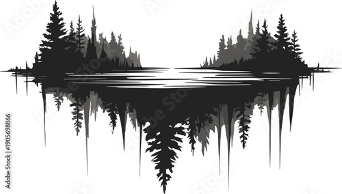 Abstract forest reflection artwork, symmetrical pine trees, mirrored water landscape, soundwave nature design, artistic surreal environment, imaginative illustration, fantasy nature symmetry