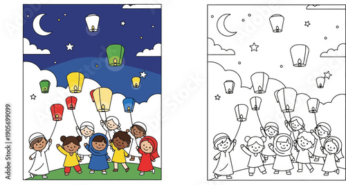 Vector illustration of Muslim children releasing sky lanterns at night for Ramadan or Eid celebration, featuring a colored version and a black and white coloring page outline for kids activity.