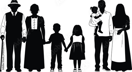 Multi generation family silhouette vector illustration showing parents children and grandparents standing together isolated on white background for stock design