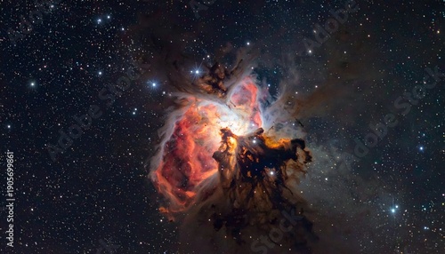 Vibrant nebula, swirling gasses create a stunning cosmic vista against backdrop of distant stars