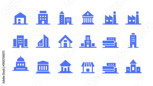 A collection of icons representing buildings, institutions, and architectural structures.