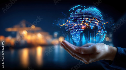 Hand holding glowing digital globe with financial data overlays and network lines conveying global trade and technology innovation, futuristic