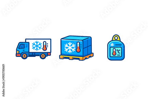 A set of three flat icons illustrating cold chain logistics with a refrigerated truck, a temperature-controlled pallet, and a digital thermometer device on a black background.