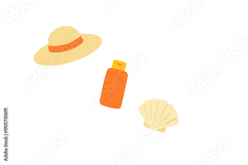 A flat illustration featuring a beige sun hat with an orange band, an orange bottle of sunscreen, and a cream-colored seashell isolated on a solid black background.