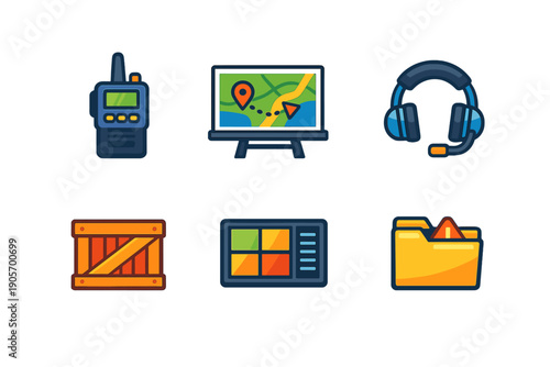 This set of six colorful flat icons includes a radio communicator, a GPS map display, a headset, a wooden cargo crate, a control panel, and a folder containing a warning alert icon.