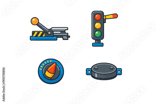 This set of four flat vector icons includes a mechanical lever, a three-color traffic signal, a circular control dial, and a round pressure switch against a black background.