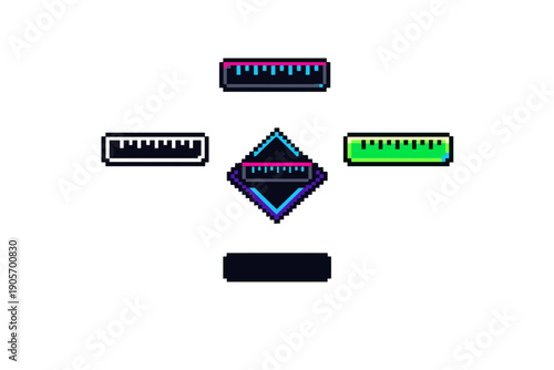 Pixel art illustration featuring several colorful rulers arranged around a central diamond icon on a black background. The design uses a retro 8-bit aesthetic with neon colors.