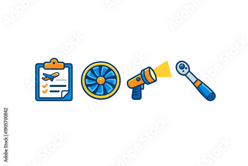A set of four stylized icons representing aviation maintenance, including a flight checklist, a jet engine turbine, a flashlight, and a mechanical socket wrench tool on a black background.