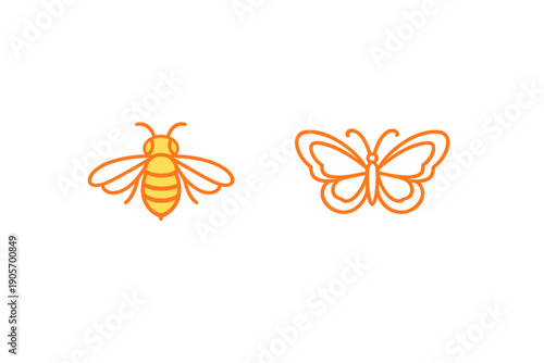 Minimalist orange line art icons of a bee and a butterfly are displayed side by side against a solid black background. The simple graphic design features clean outlines and warm tones.