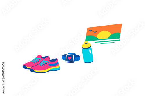 A flat illustration of fitness gear including pink running shoes, a blue smartwatch with a heart icon, and a water bottle next to a sunset landscape on a black background.