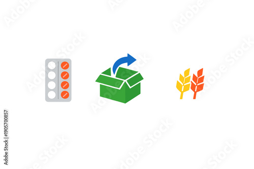 A flat illustration featuring a blister pack of pills, an open green box with a blue arrow pointing out, and two stalks of wheat against a solid black background.