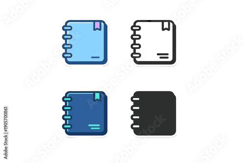 This set features four distinct notebook icons with spiral bindings and bookmarks. The designs include light blue, dark blue, and dark grey variations on a black background.