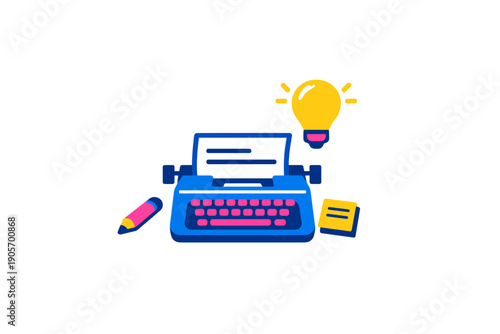 A flat illustration of a blue typewriter with pink keys, a glowing yellow lightbulb, a pencil, and a sticky note on a black background, representing creative writing and ideas.