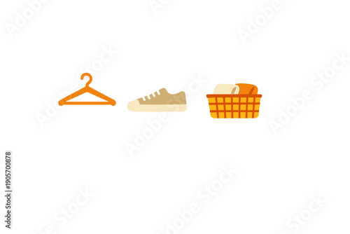 A flat vector illustration featuring three icons on a black background: an orange clothes hanger, a tan sneaker, and an orange laundry basket filled with folded clothes.